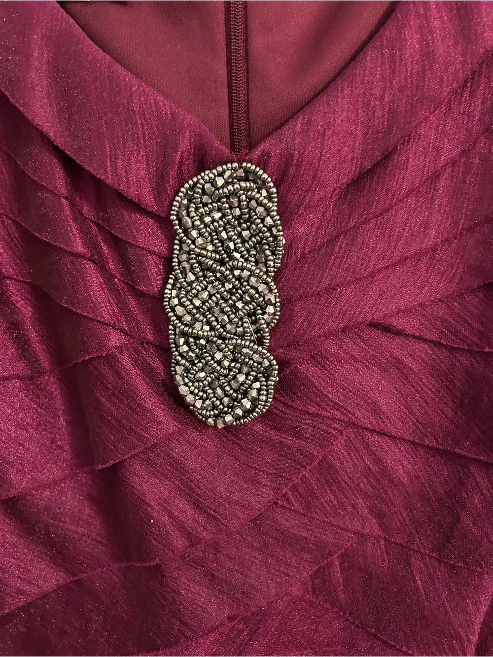 London Times Wine/Purple Layered Sheath Dress with Decorative Brooch - Picture 2 of 6